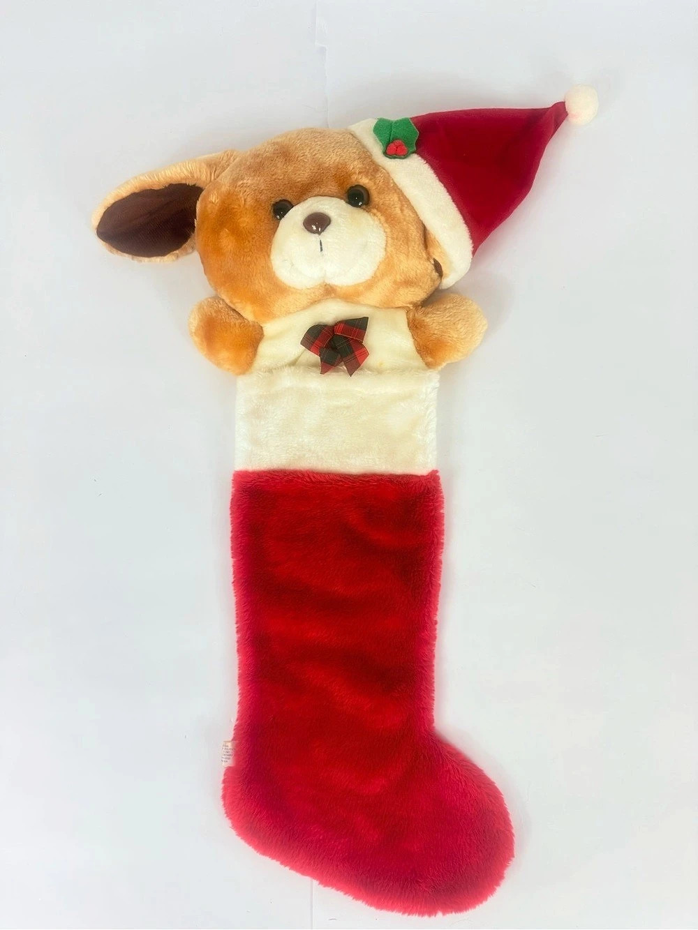 Vintage Christmas Stocking 90’s Plush Brown Dog In Santa Hat 3D Holly Berry